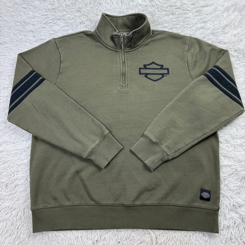 Harley Davidson Sweater Mens Large Green 1/4 Zip Fleece Mock Neck Sweatshirt L